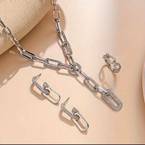 14K Gold Plated Rhinestone Links Lariat Earrings & Ring Set